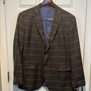 Johnston & Murphy Brown Wool-Blend Blazer with Plaid Design